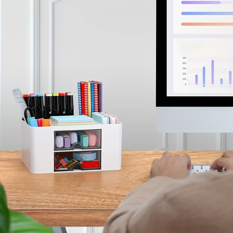1 storage box with expandable drawers - multi-tier desktop storage box