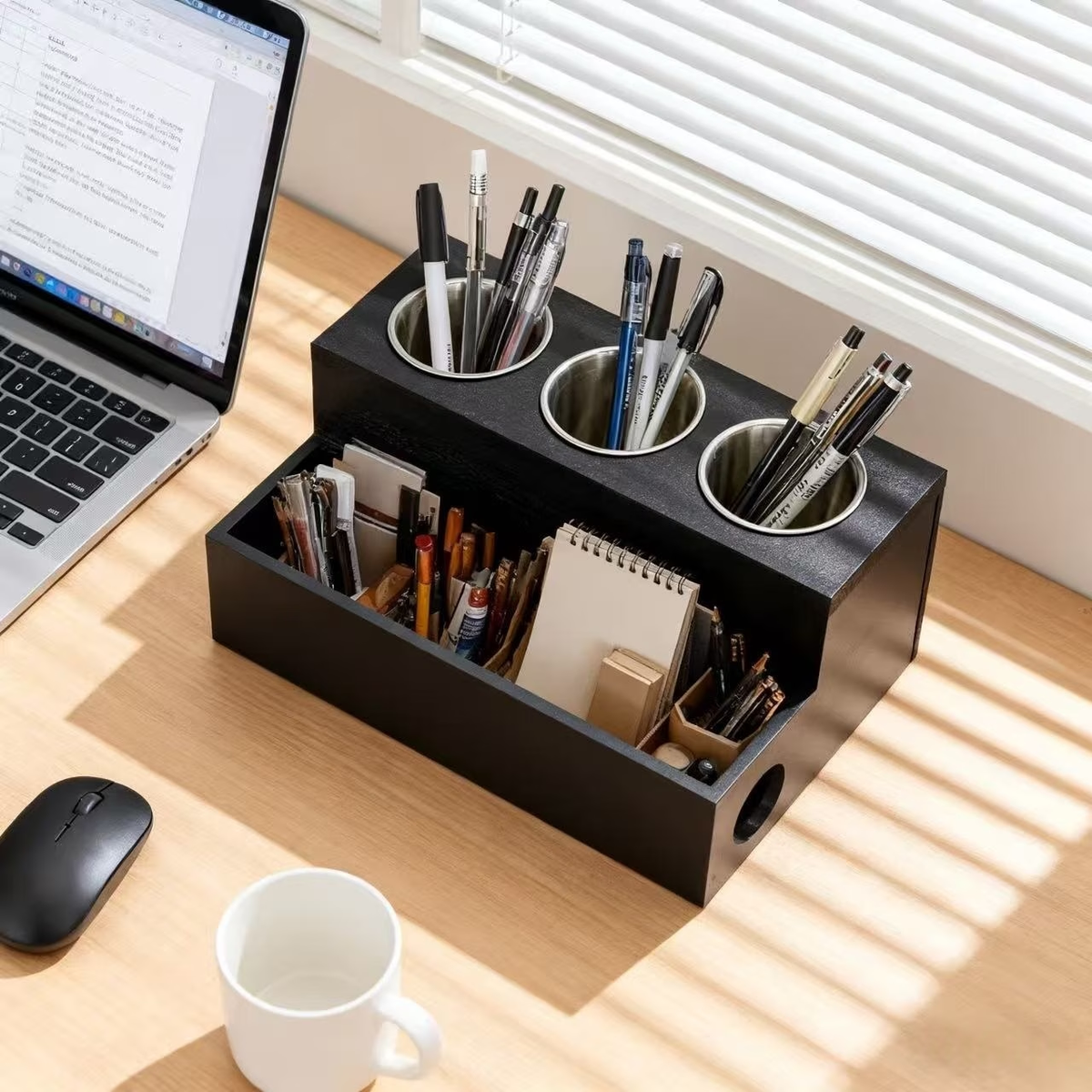 Wooden storage box containing 3 stainless steel containers